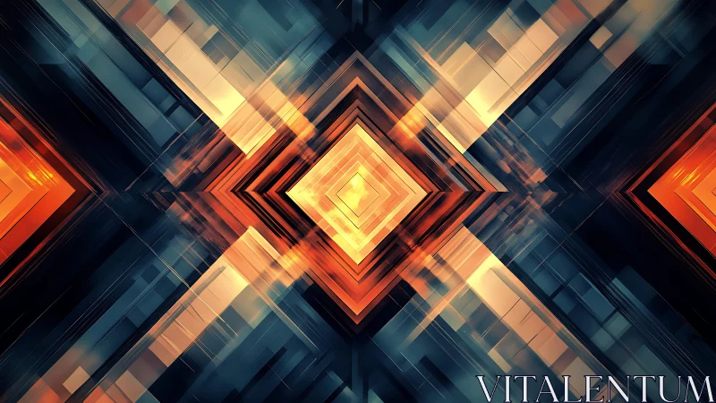 Geometric abstract art with glowing orange and blue diamond patterns.