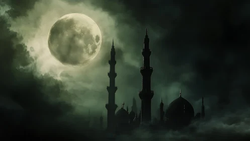Full moon above silhouetted mosque towers in dense fog.