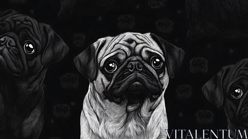 Detailed pug illustration on dark patterned background.