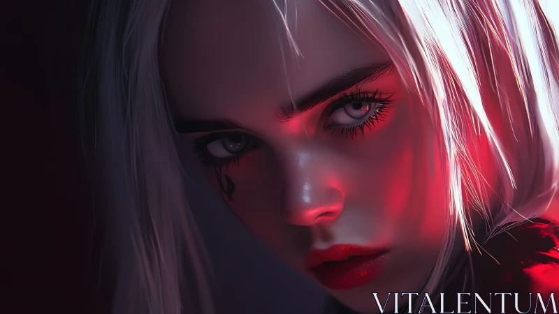 Intense cyber-lit portrait with white hair and red glow.