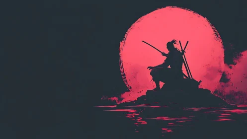 Silhouette of armed figure is positioned before large red sun