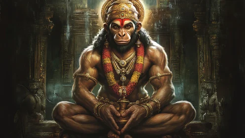 Mythological simian deity seated in ornate stone temple.
