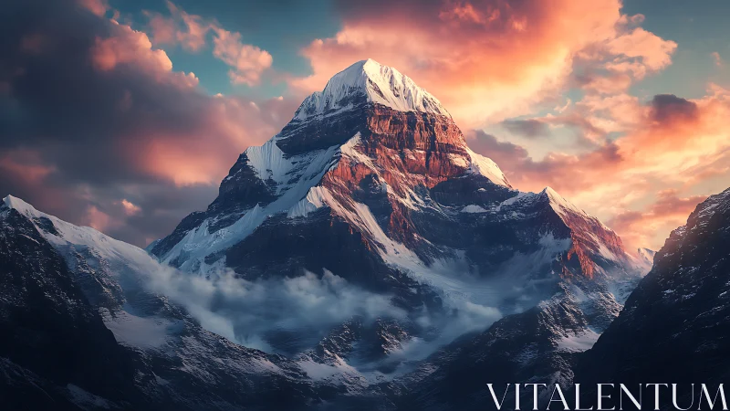 Sunfired summit crowned in drifting stormlit cloud veils.