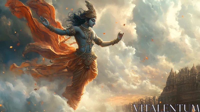 Divine blue deity soars above temple spires in glowing clouds.