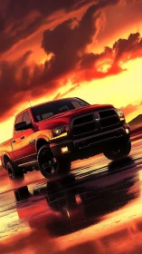 Sunset-lit red pickup truck on wet reflective asphalt surface
