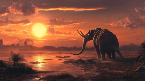 Pleistocene mastodon silhouetted in volumetric sunset haze.