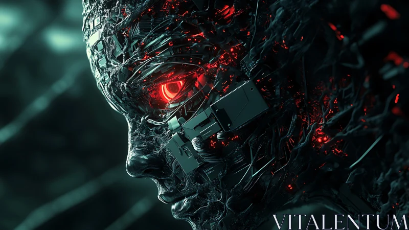 Glowing cybernetic face quietly studies a shifting digital world