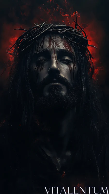 Crowned figure in crimson backlight with dramatic low key render.