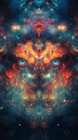 Cosmic feline nebula face in mirrored abstract galaxy.