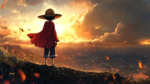 Anime figure on ridge overlooking illuminated valley sunset.