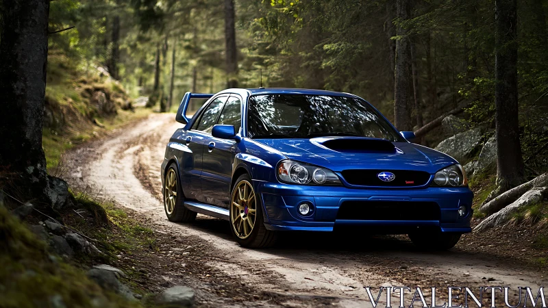 Rally blue legend prowls a forest track in golden hush.