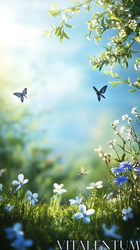 Gentle butterflies drift above a glowing spring meadow