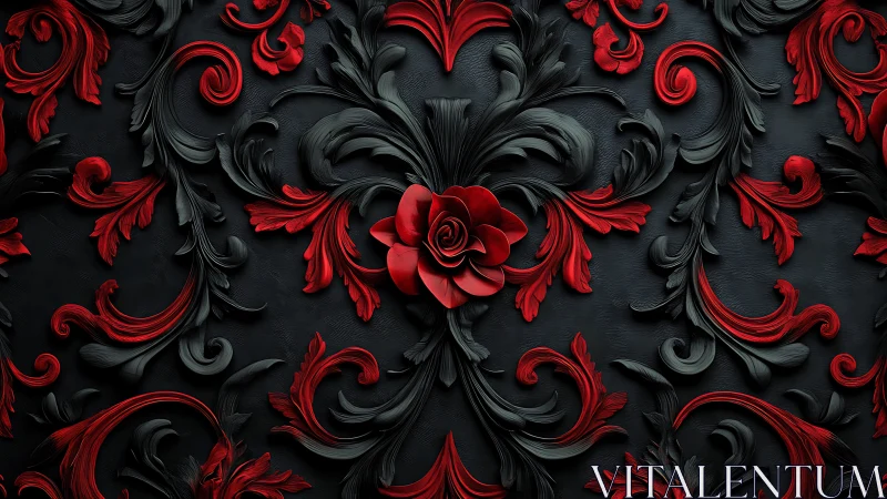 Red and black baroque floral relief with central rose motif.