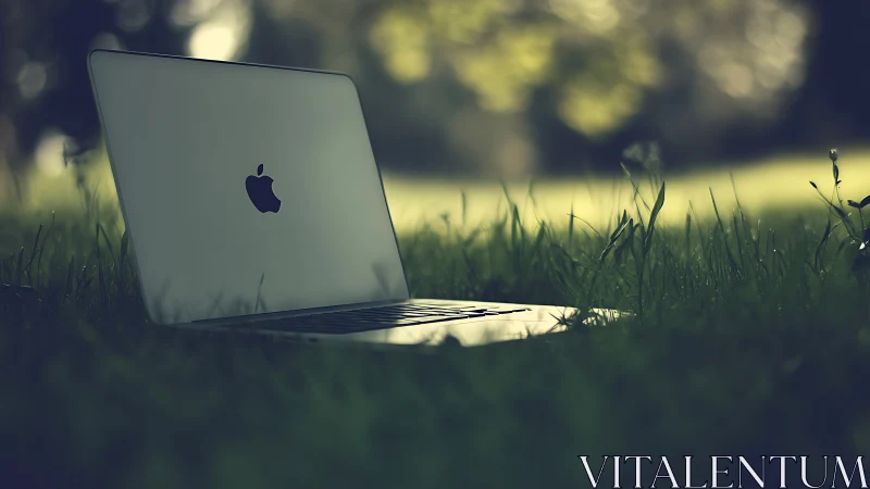 Laptop in soft-focus grass with blurred natural background.