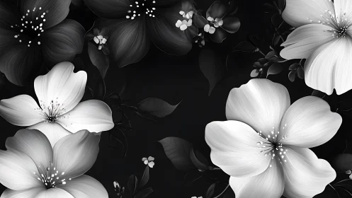 Black and White Floral Elegance. Graceful blooms dance against darkness.