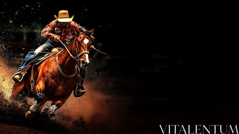 Cowboy on galloping horse against dark arena background.
