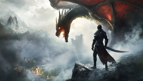 Armored warrior confronts firelit dragon above misty valley.