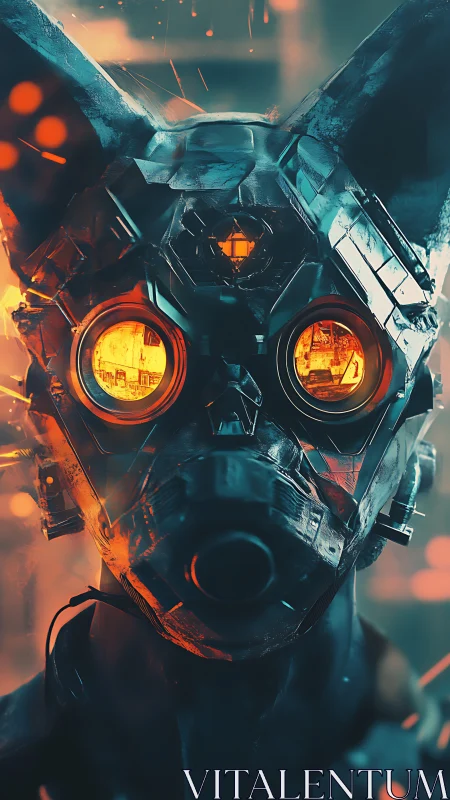 Cybernetic canine sentinel stares through burning neon haze