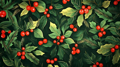 Digital holly foliage pattern with red berries on dark ground