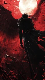 Winged dark figure under blood moon in crimson storm sky.