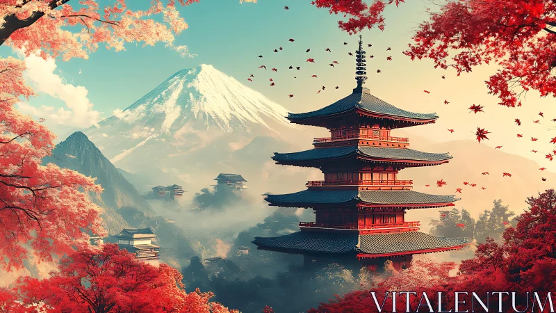 Mountain pagoda rises above autumnal valley in luminous haze