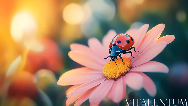 Ladybug on pink daisy under warm blurred garden light.