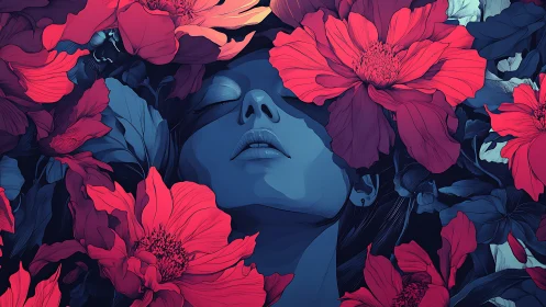 Blue toned woman surrounded by bold red flowers.