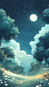 Nocturnal Forest Landscape with Full Moon and Cloud Formation