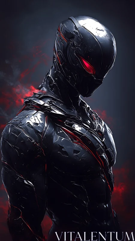 Cybernetic dark warrior with glowing red visor eyes.
