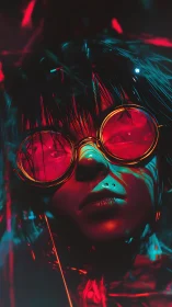 Neon lit dreamer gazes through glowing red cyber goggles