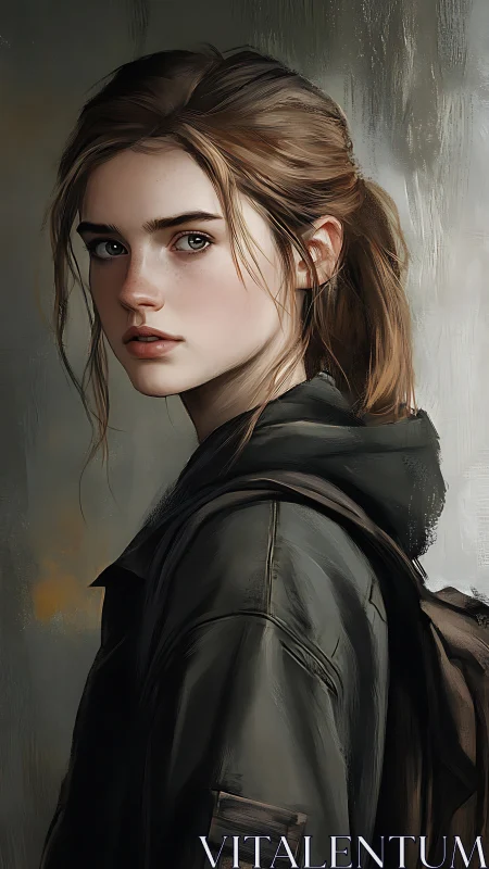 Young woman in green jacket with backpack, side portrait.