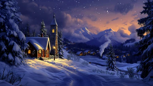 Snow covered cabin and village under calm winter night.
