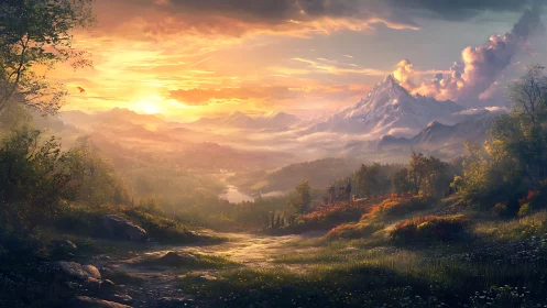 Mountain valley landscape under warm sunset sky panorama.