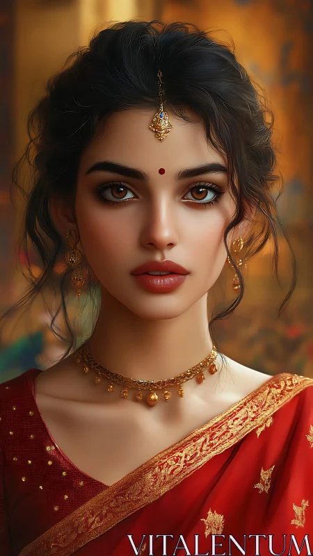 Digital portrait of Indian woman in red saree and gold jewelry