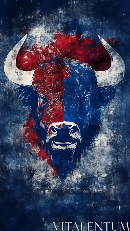 Symmetrical bison portrait split by red and blue textured fields