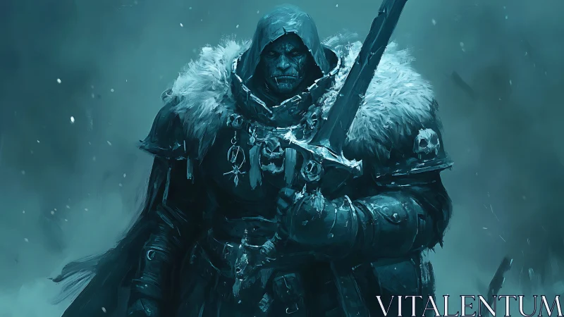 Hooded armored warrior with sword in cold misty landscape.