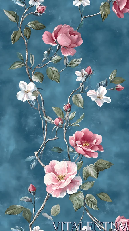 Botanical Branches: Pink Roses Against Teal Serenity.