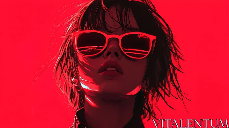 Neon-lit portrait isolates cool sunglasses against crimson field.