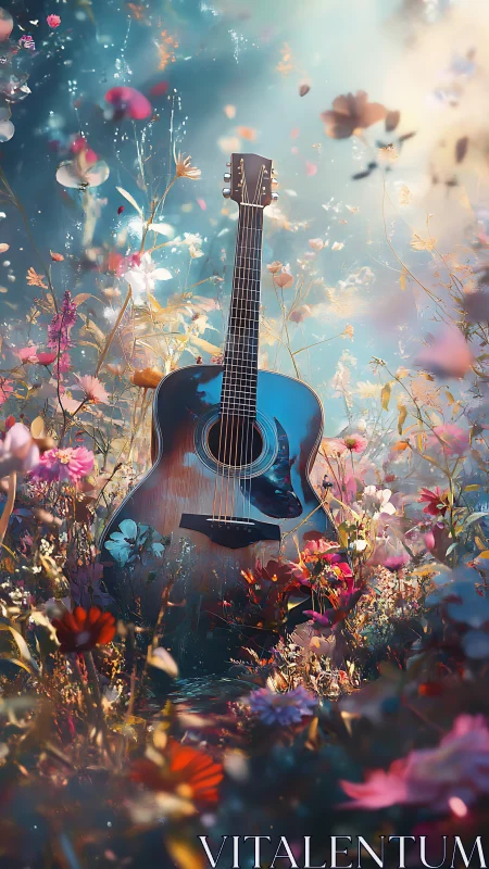 Gentle guitar resting in a dreamy meadow of glowing flowers.