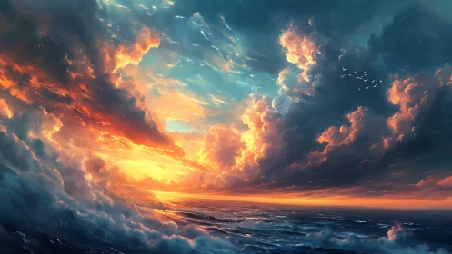 Dynamic seascape sunset with volumetric clouds and high contrast lighting