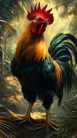 Rooster Portrait in Tropical Forest Setting with Golden Atmospheric Lighting