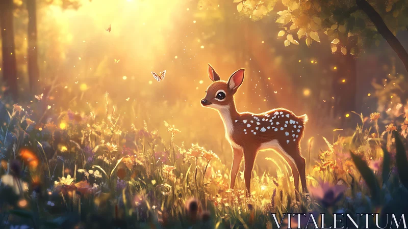 Digital painting of fawn in glowing forest clearing at dawn.