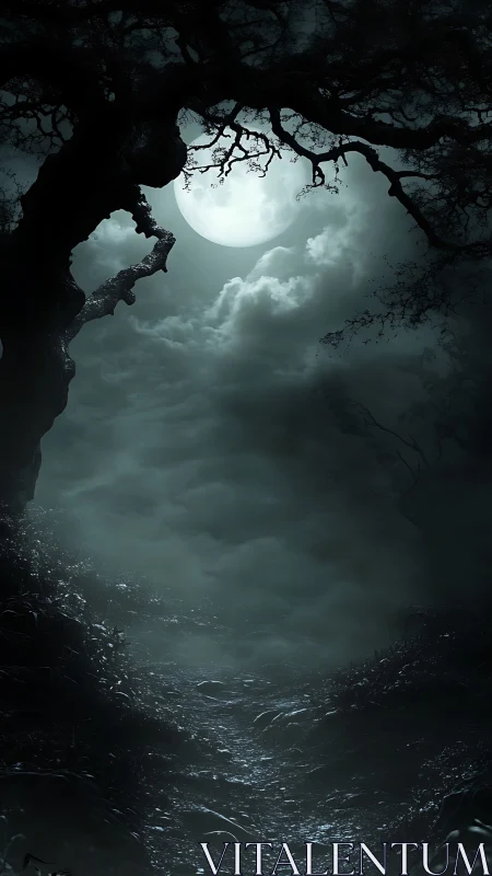 Lunar backlit forest corridor with nocturnal volumetric fog.