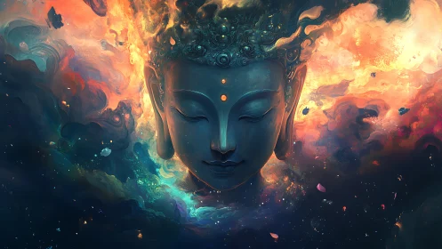 Digital rendering shows stylized head within nebular clouds