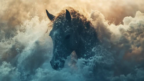 Storm-forged horse emerging through luminous sea clouds.