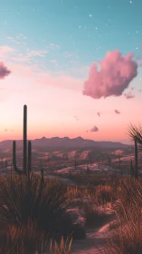 Desert landscape with cacti under pink sunset sky.