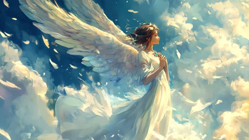 Backlit angelic figure ascends through volumetric clouds and light