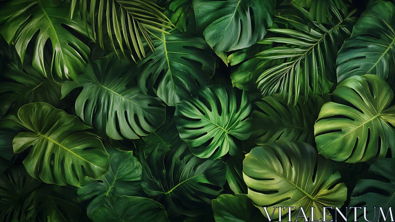 Dense overlapping monstera and palm foliage in deep greens