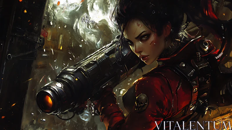 Storm-lit gunner queen strides through shrapnel and smoke.