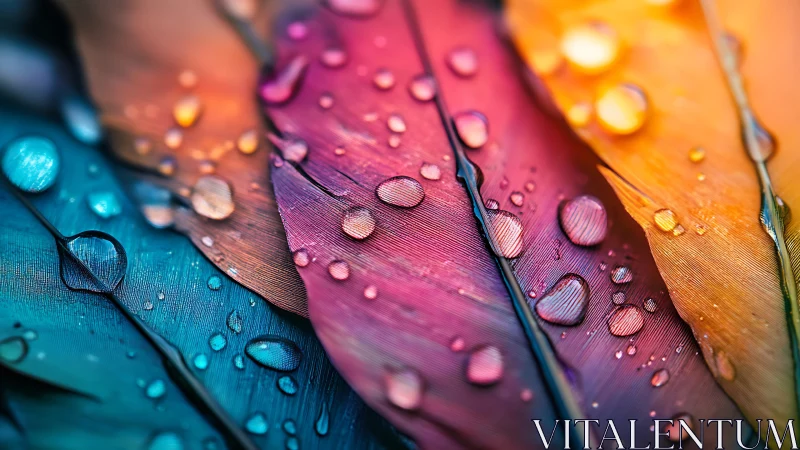 Rainbow feathers shimmer under dewdrops in vivid macro view.